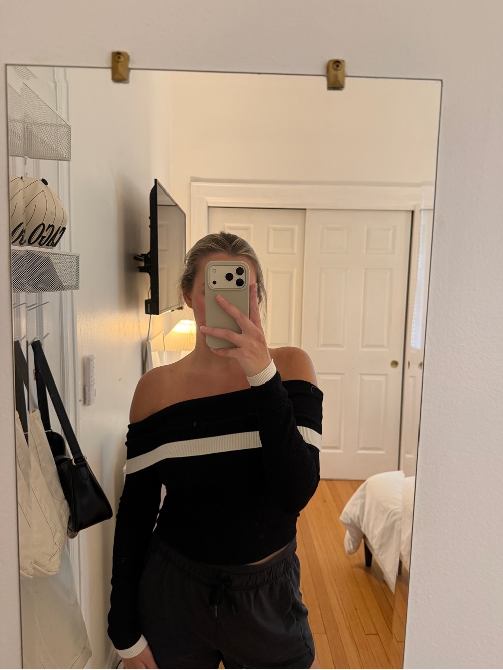 H&M Black Off-the-Shoulder Sweater with White Stripe
